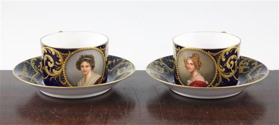 A pair of Sevres style portrait cabinet cups and saucers, by Hutschenreuter, c.1905, saucers 14.5cm